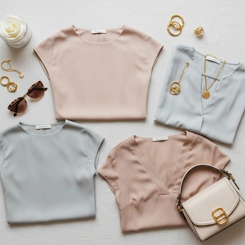 Flat lay of 2025 women's blouse styles with elegant accessories, featuring V-neck, cap sleeve, and casual designs for everyday wear.
