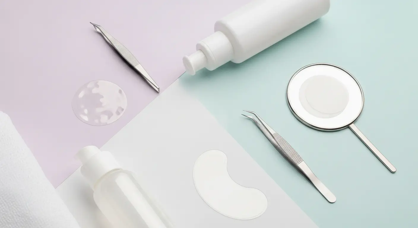 Flat lay of hydrocolloid acne patches and skincare tools, representing an effective and simple solution for pimple treatment and skin recovery.
