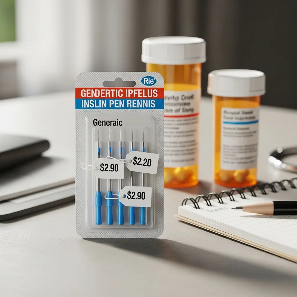 Affordable insulin pen needles on a table with price tags and medication supplies, emphasizing cheap options for diabetic care in 2025.