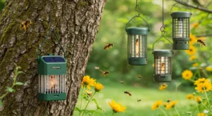 A selection of modern bee trap and hornet traps set up in a backyard garden, showing effective bee wasp control methods in action. Includes solar-powered and eco-friendly trap options.