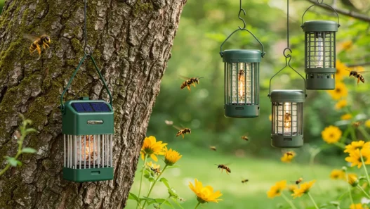 A selection of modern bee trap and hornet traps set up in a backyard garden, showing effective bee wasp control methods in action. Includes solar-powered and eco-friendly trap options.