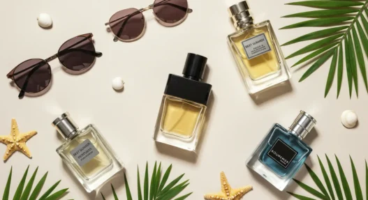 A curated summer-themed flat lay of premium men's colognes, representing the best summer perfumes for men to wear in 2025, with tropical props and a fresh, masculine aesthetic.