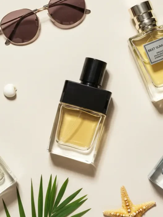 A curated summer-themed flat lay of premium men's colognes, representing the best summer perfumes for men to wear in 2025, with tropical props and a fresh, masculine aesthetic.