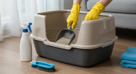 Person cleaning cat litter box with scoop and cleaning tools – beginner’s guide on Dr Top List.