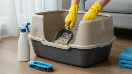 Person cleaning cat litter box with scoop and cleaning tools – beginner’s guide on Dr Top List.