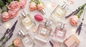 Affordable and elegant women’s perfume bottles arranged with floral decor – top picks under $50 on Dr Top List.