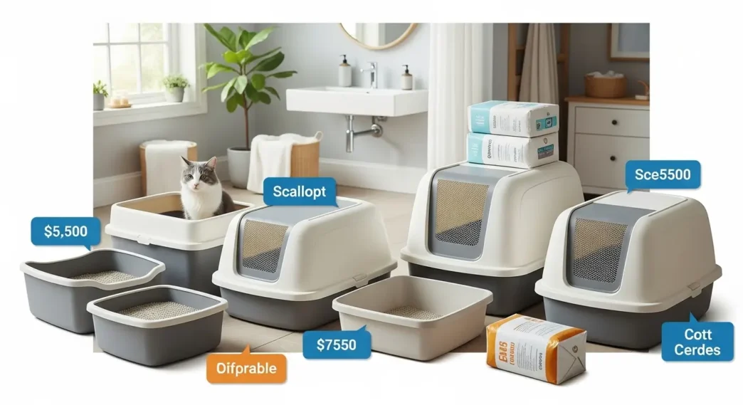 A selection of affordable cat litter boxes displayed in a clean home setup, ideal for pet owners looking for cheap cat litter boxs that fit every budget.