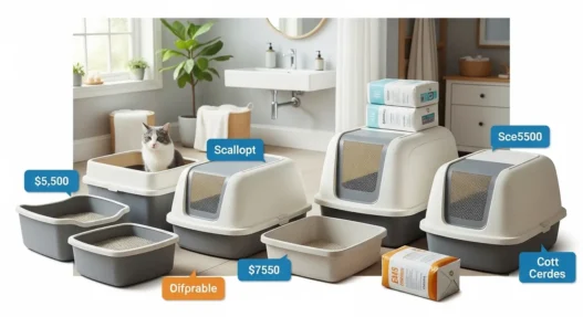 A selection of affordable cat litter boxes displayed in a clean home setup, ideal for pet owners looking for cheap cat litter boxs that fit every budget.