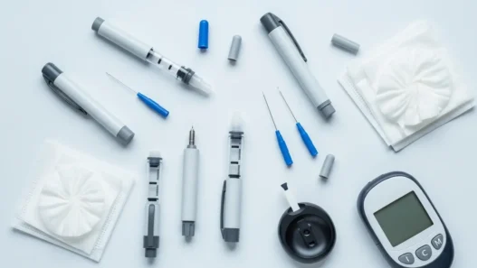 Flat lay of affordable insulin pen needles and diabetic tools, showcasing cheap insulin supplies available on Amazon in 2025.