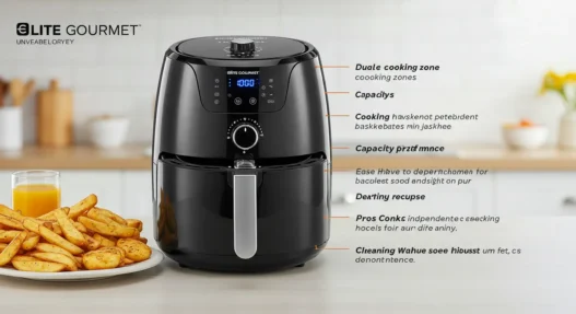 Image of Elite Gourmet EAF1055D Dual Zone Air Fryer showing dual baskets