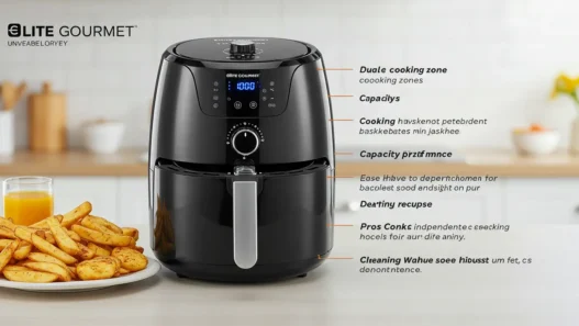 Image of Elite Gourmet EAF1055D Dual Zone Air Fryer showing dual baskets