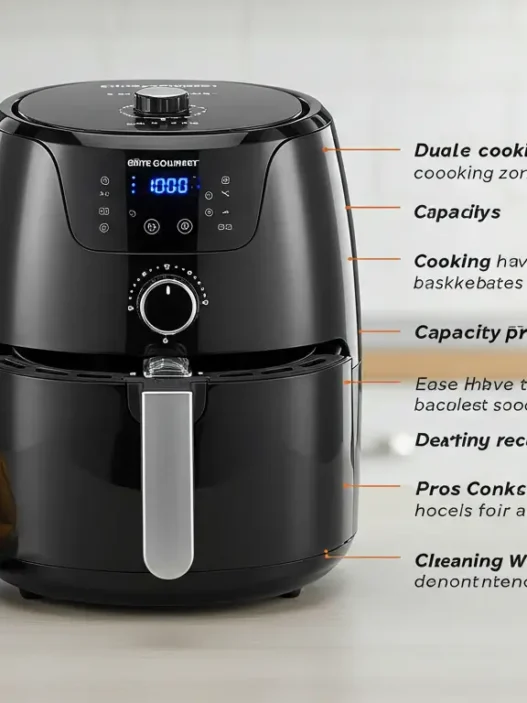 Image of Elite Gourmet EAF1055D Dual Zone Air Fryer showing dual baskets