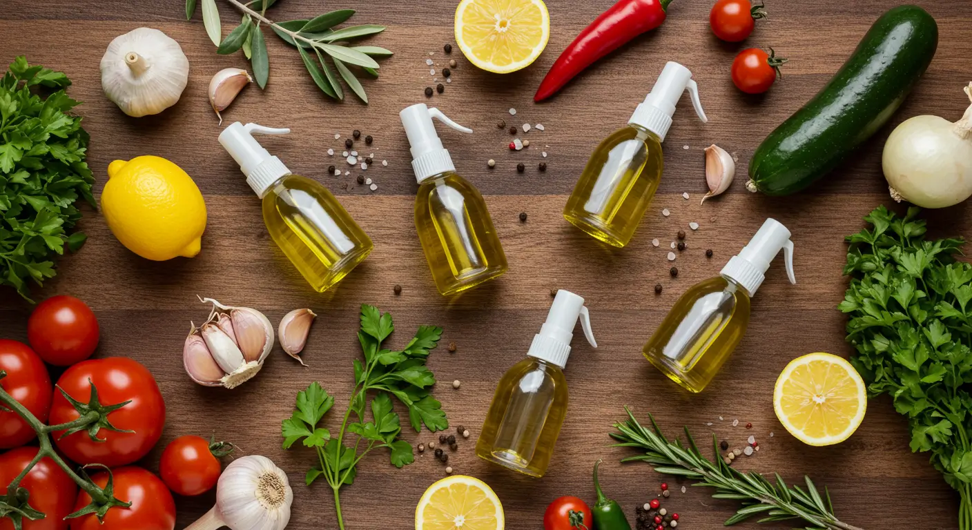 Flat-lay of top glass olive oil sprayers with fresh cooking ingredients – best Amazon picks by Dr Top List.