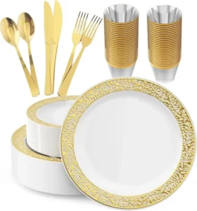 Elegant gold disposable holiday dinnerware set for festive parties