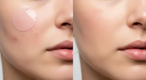 Before and after images showing hydrocolloid acne pimple treatment results on facial skin, demonstrating how it reduces inflammation and speeds up healing.