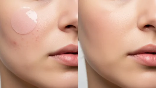 Before and after images showing hydrocolloid acne pimple treatment results on facial skin, demonstrating how it reduces inflammation and speeds up healing.