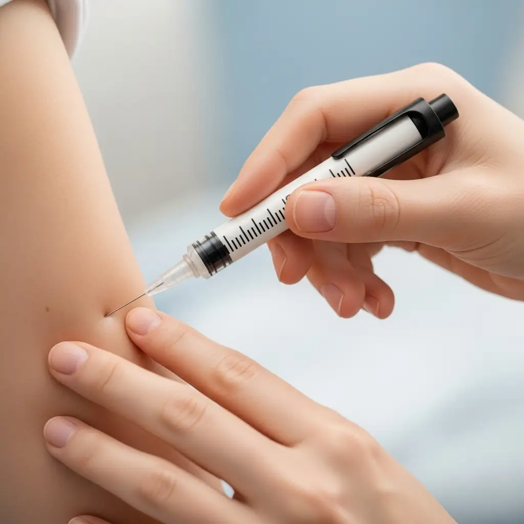 Close-up of an insulin pen needle being used for injection, demonstrating proper insulin delivery technique using affordable pen needles.