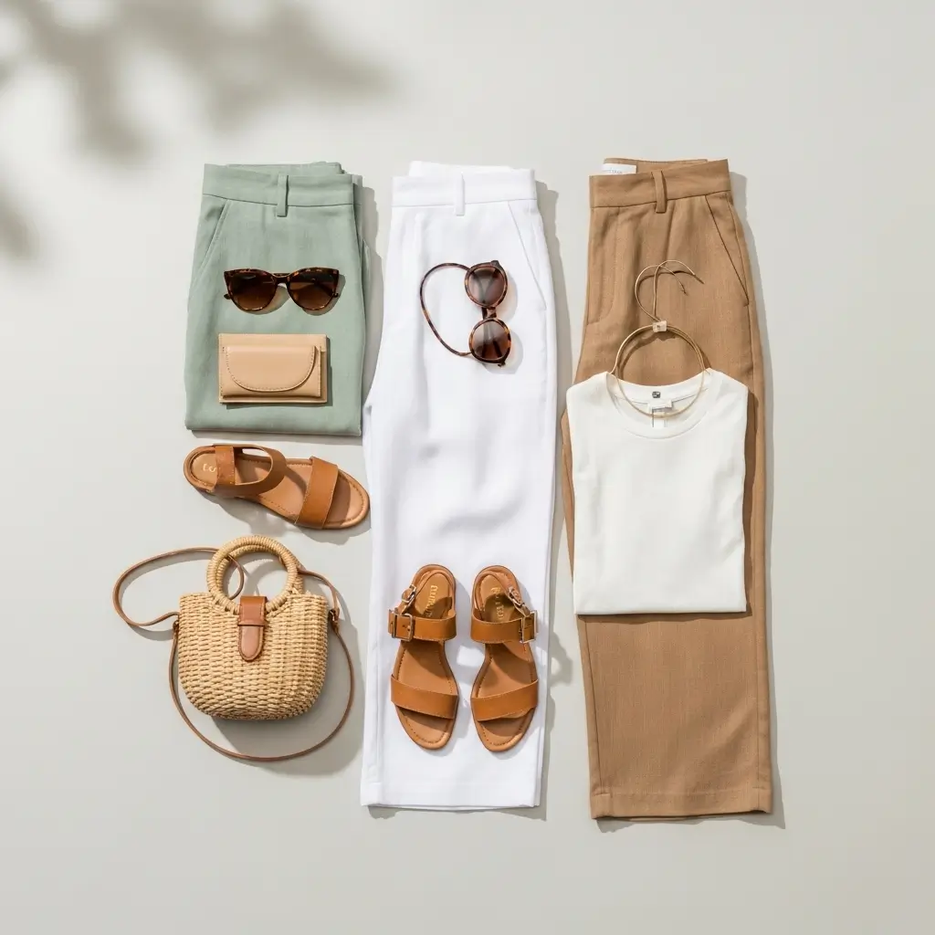 Flat lay of women’s linen pants and summer accessories, highlighting palazzo and relaxed styles for stylish and breathable outfits.