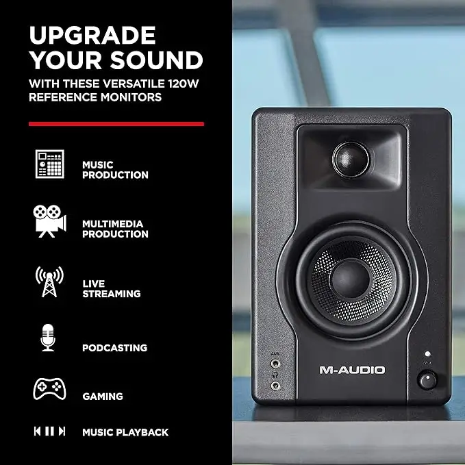 M-Audio BX3 studio monitors – professional-quality sound in a compact and affordable design for under $100.
