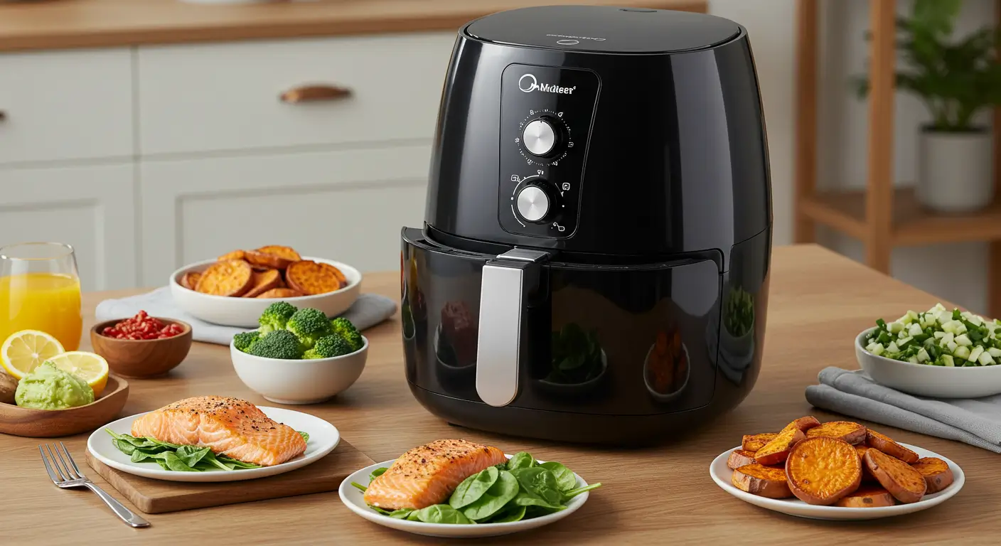 Healthy meals cooked using the Midea Dual Basket Air Fryer, showcasing its dual cooking zones and convenience for Amazon shoppers.