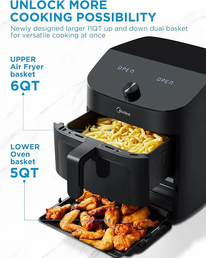 Midea Dual Basket Air Fryer model featured in Amazon review, designed for easy and oil-free cooking for families.