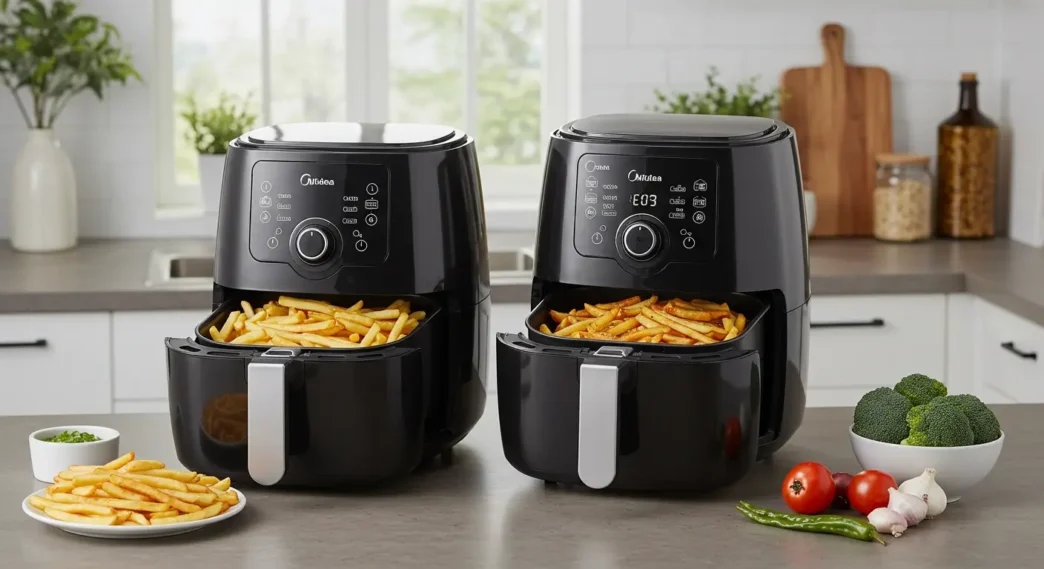 Midea Dual Basket Air Fryer with food in both baskets, perfect for healthy cooking at home – featured on Dr Top List Amazon review.