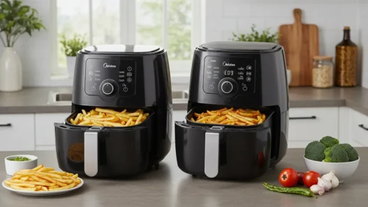 Midea Dual Basket Air Fryer with food in both baskets, perfect for healthy cooking at home – featured on Dr Top List Amazon review.
