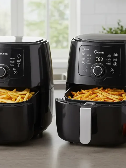 Midea Dual Basket Air Fryer with food in both baskets, perfect for healthy cooking at home – featured on Dr Top List Amazon review.