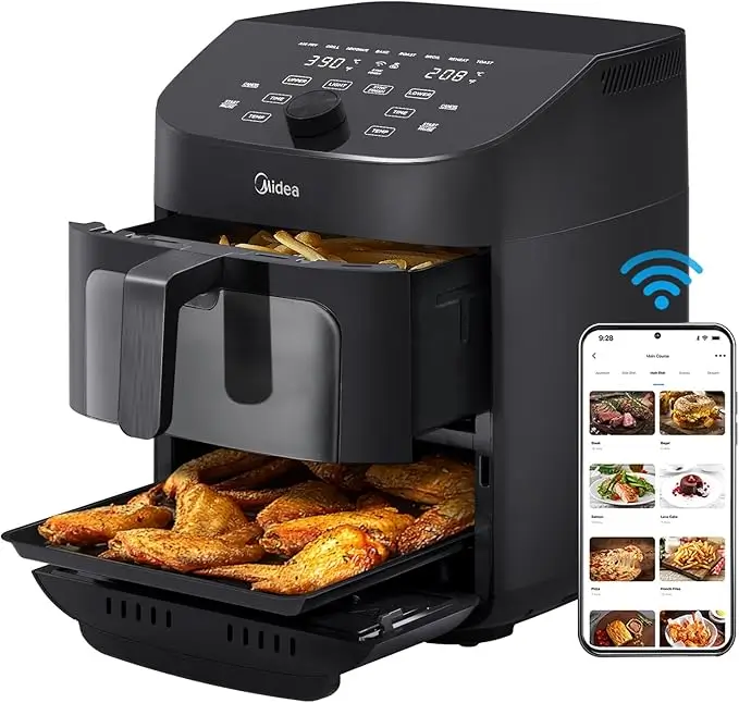 Official product image of the Midea Dual Basket Air Fryer, ideal for healthy cooking with dual basket technology – available on Amazon.
