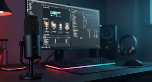 Razer Seiren V3 Mini USB microphone on a gaming desk with streaming setup and RGB lighting