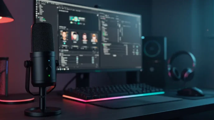 Razer Seiren V3 Mini USB microphone on a gaming desk with streaming setup and RGB lighting