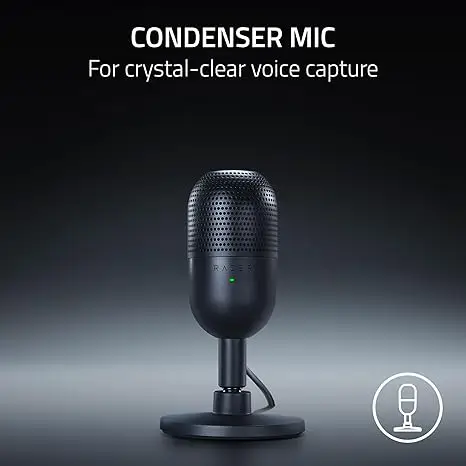 Close-up view of the Razer Seiren V3 Mini USB microphone – compact design ideal for streamers and content creators.
