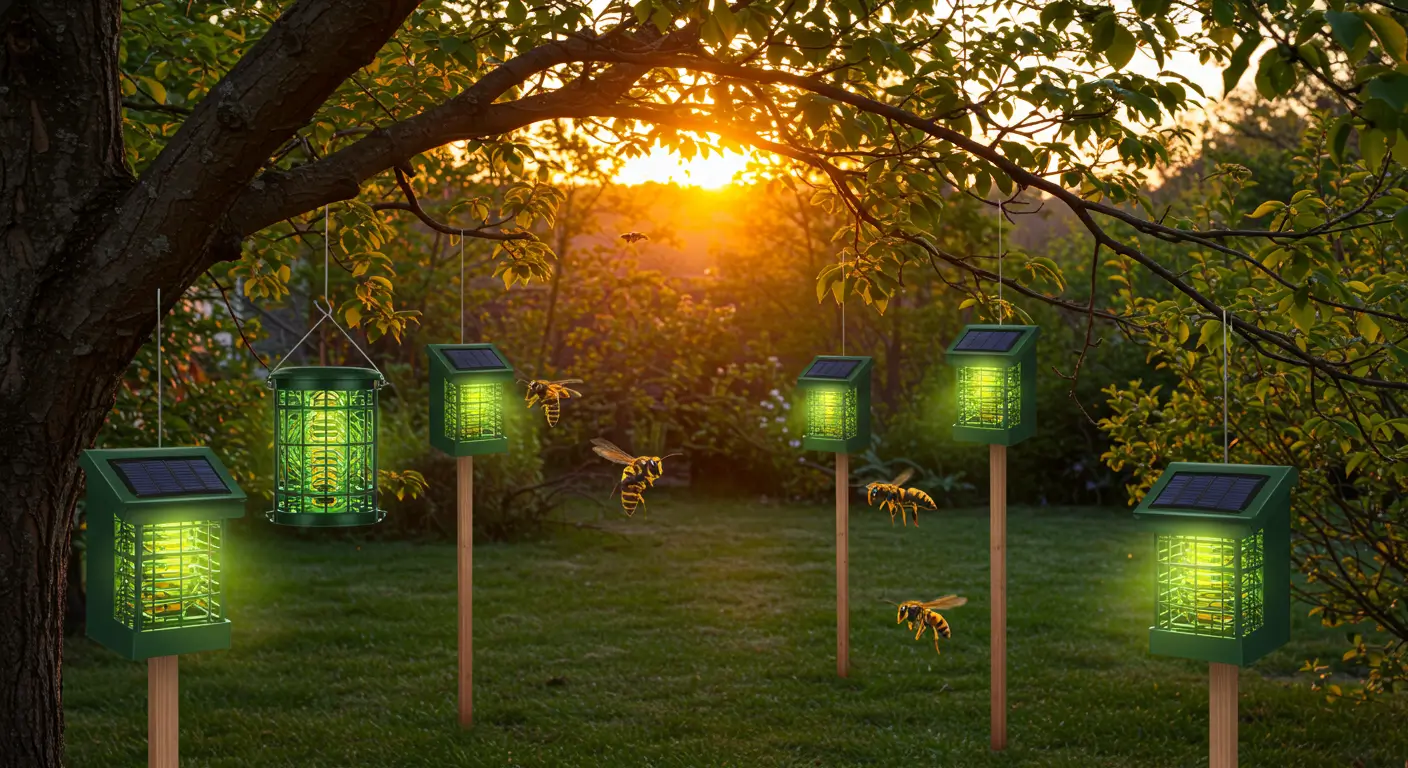 Solar-powered bee trap and hornet traps placed in a garden at sunset, showcasing effective outdoor bee wasp control tools with eco-friendly technology.