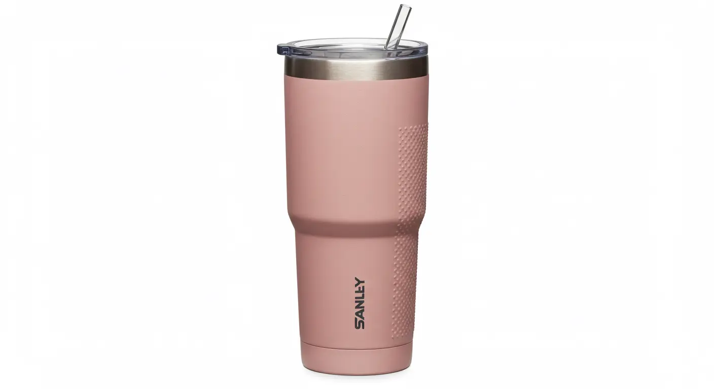 Close-up view of the Stanley IceFlow Tumbler 30 oz in pink, showing lid details, grip texture, and logo.