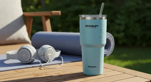 Stanley IceFlow 30 oz Tumbler in pastel blue on a wooden table with yoga gear, showcasing its outdoor lifestyle appeal.