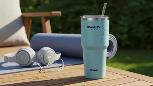 Stanley IceFlow 30 oz Tumbler in pastel blue on a wooden table with yoga gear, showcasing its outdoor lifestyle appeal.