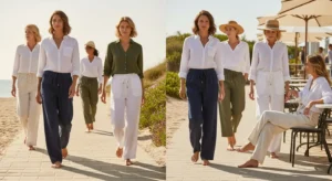 Women wearing linen pants in a casual outdoor setting, showcasing 2025 relaxed fit and palazzo styles perfect for all-day comfort.
