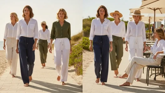 Women wearing linen pants in a casual outdoor setting, showcasing 2025 relaxed fit and palazzo styles perfect for all-day comfort.