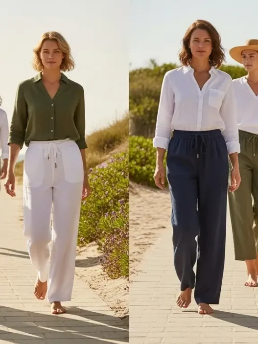 Women wearing linen pants in a casual outdoor setting, showcasing 2025 relaxed fit and palazzo styles perfect for all-day comfort.