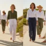Women wearing linen pants in a casual outdoor setting, showcasing 2025 relaxed fit and palazzo styles perfect for all-day comfort.