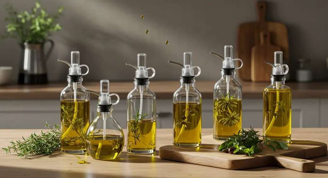 Top 5 glass olive oil sprayers for cooking displayed on a kitchen counter with fresh herbs – Dr Top List Amazon affiliate guide.