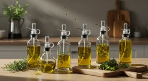 Top 5 glass olive oil sprayers for cooking displayed on a kitchen counter with fresh herbs – Dr Top List Amazon affiliate guide.
