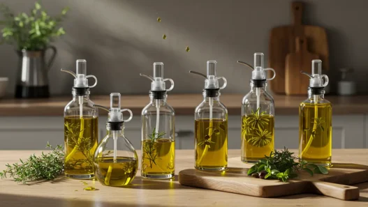 Top 5 glass olive oil sprayers for cooking displayed on a kitchen counter with fresh herbs – Dr Top List Amazon affiliate guide.