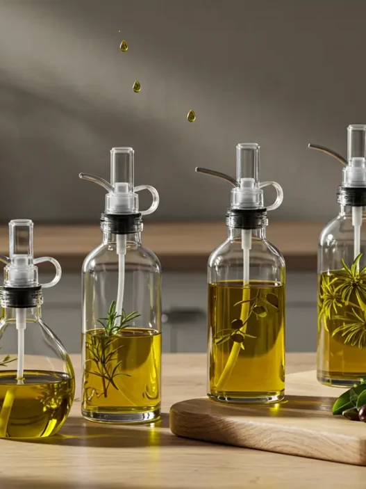 Top 5 glass olive oil sprayers for cooking displayed on a kitchen counter with fresh herbs – Dr Top List Amazon affiliate guide.
