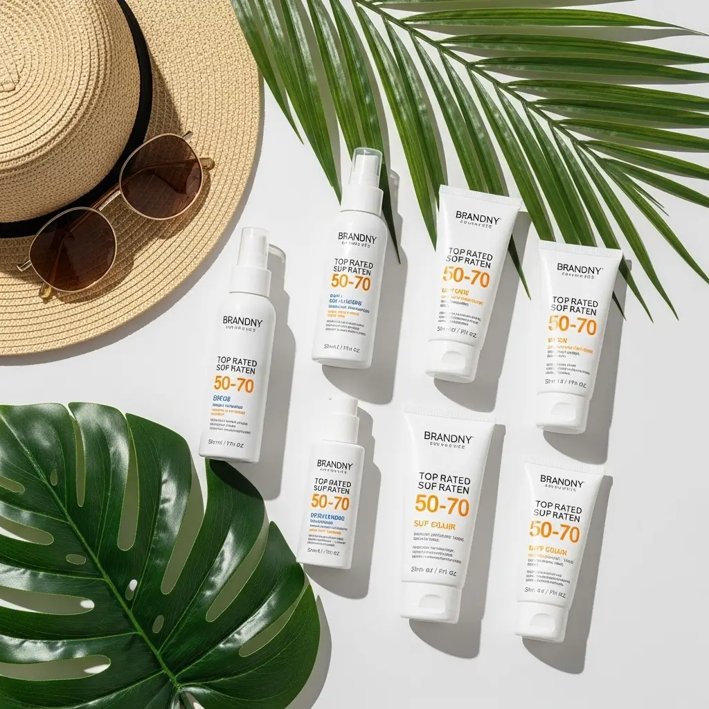 Flat lay of 2025’s best sunscreens including SPF 50+ products like EltaMD, Banana Boat, and Cell Fusion C – essential picks for effective UV protection.