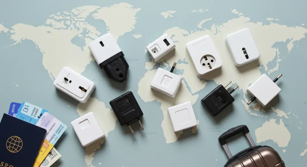 A selection of global travel adapters displayed on a world map background, ideal for international travelers researching the best travel adapter options for 2026. Includes various plug types and emphasizes “travel adapter” compatibility by region.