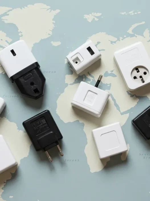 A selection of global travel adapters displayed on a world map background, ideal for international travelers researching the best travel adapter options for 2026. Includes various plug types and emphasizes “travel adapter” compatibility by region.
