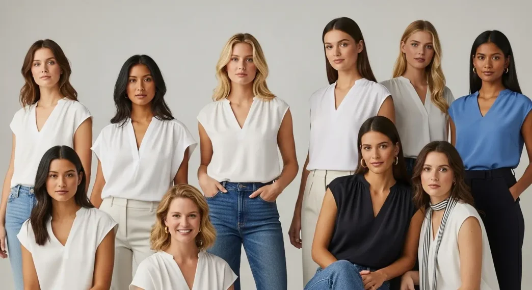 Women modeling 2025 blouse trends including loose V-neck and cap sleeve styles, perfect for both casual and formal occasions.