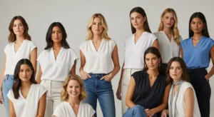 Women modeling 2025 blouse trends including loose V-neck and cap sleeve styles, perfect for both casual and formal occasions.