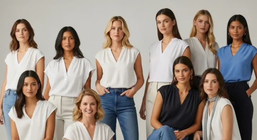 Women modeling 2025 blouse trends including loose V-neck and cap sleeve styles, perfect for both casual and formal occasions.